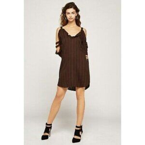 BCBGENERATION SZ L Brown And Black Striped Cold Shoulder Shift Dress